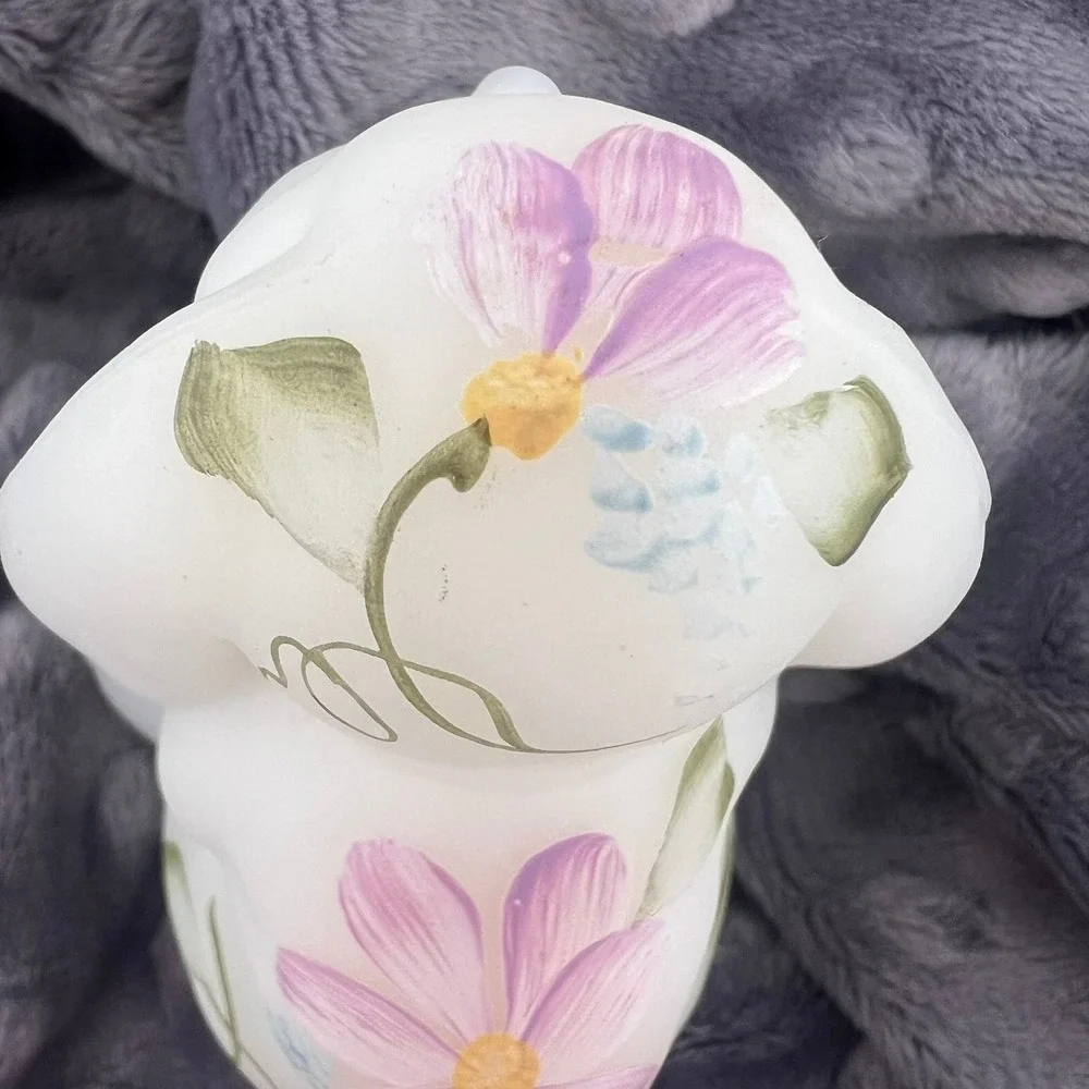 Fenton Opal Satin Lop Eared Bunny Rabbit Floral Crystals Signed 3.75